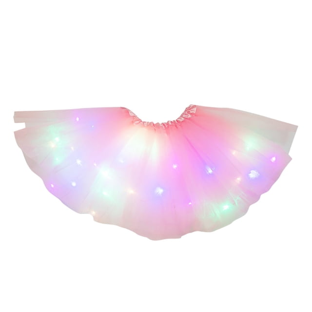 Women 3 Level Mesh Tulle Skirt Princess Skirt With LED Small Bulb Skirt featuring a soft pink mesh tulle material with three layers and integrated multicoloured LED lights. The skirt has an ultra-stretchy elastic waistband, suitable for waist sizes 50-110cm (19.6-43.3 inches), and a length of 40cm (15.75 inches). Designed for casual, party, or holiday occasions, this above-knee mini skirt is lightweight, breathable, and comfortable. LED lights offer flashing and off settings, powered by two replaceable button batteries.