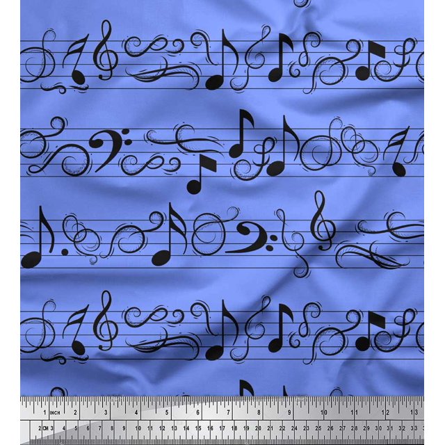 Soimoi Blue Viscose Chiffon Fabric Notes Musical Instrument Decor Fabric Printed Yard 42 Inch Wide