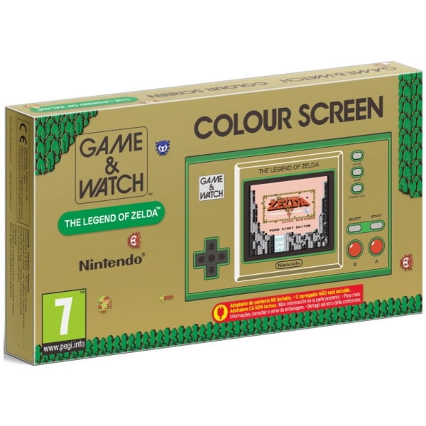 Game and Watch The Legend of Zelda Console (EU) by Nintendo, featuring a retro design with a colour screen. The packaging highlights its collectable nature and includes three classic Legend of Zelda games: The Legend of Zelda, Zelda II: The Adventure of Link, and The Legend of Zelda: Link’s Awakening. Also includes the Vermin game starring Link, along with a playable clock and timer. The box is gold with green accents and displays the PEGI 7 rating.
