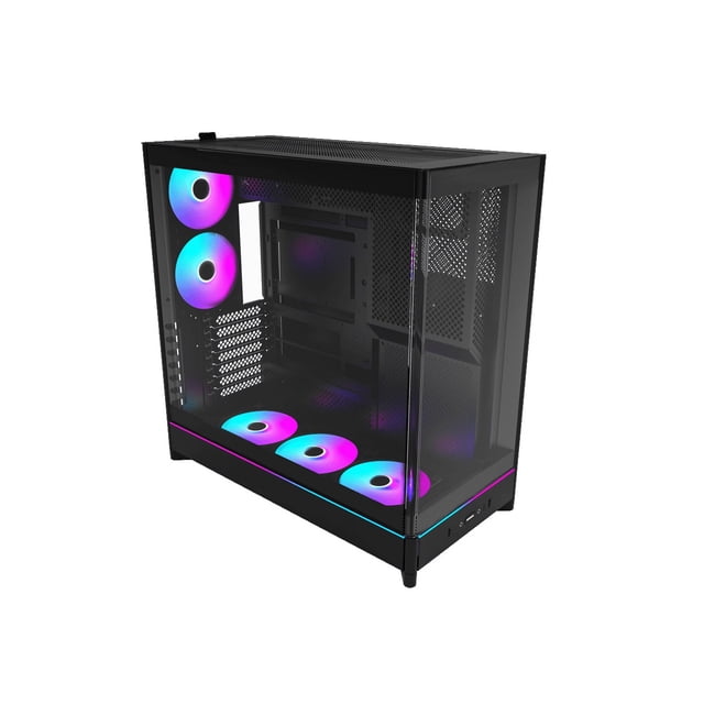 MONTECH HS02 PRO ATX Mid-Tower PC case in black, featuring a high-airflow design with a sturdy curved tempered glass front panel. The case includes 5 pre-installed ARGB PWM fans, a reversible layout for left or right-side positioning, and a sink-in design for a clean side view. It supports vertical GPU setups with rotatable PCIe slots and offers efficient vertical ventilation with bottom air intake and top exhaust. The case also features out-of-sight cable management and reinforced corner pillars for structural integrity.
