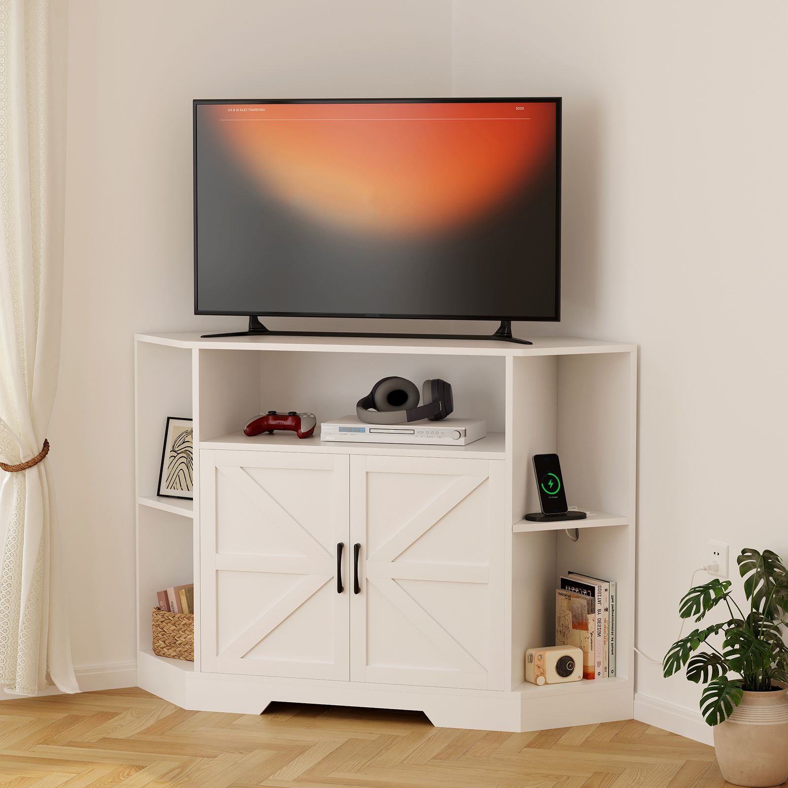 Farmhouse Corner TV Stand Fits TV up to 55inch,Barn Door Media Console Table with Open Sheves, Modern Wood Entertainment Center with Storage Cabinet for Living Room, Bedroom