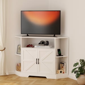 Farmhouse Corner TV Stand Fits TV up to 55inch,Barn Door Media Console Table with Open Sheves, Modern Wood Entertainment Center with Storage Cabinet for Living Room, Bedroom