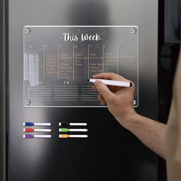 JWshufel Tableau d'Essuyage à Sec Magnétique en Acrylique pour Réfrigérateurs et Murs, Tableau de Planification Réutilisable pour Mémo et Horaire, Comprend 6 Stylos de Couleur, Facile à Installer et à Utiliser