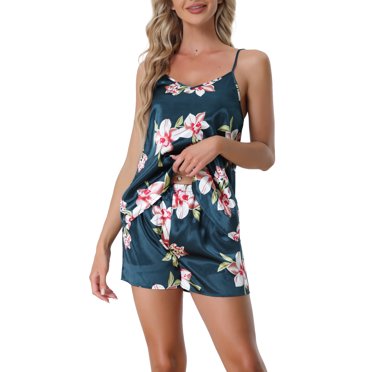 INSPIRE CHIC Women's Satin Lounge Set Sleeveless Cami Shirt Nightwear Sleepwear Pajama Sets XS Blue