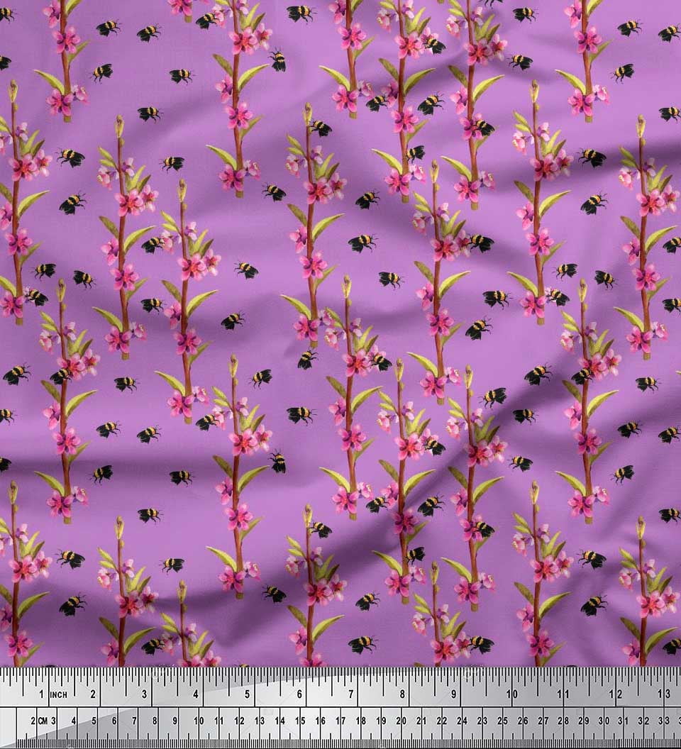 Soimoi Silk Fabric Leaves,Floral & Honey Bee Insects Printed Fabric 1 Yard 42 Inch Wide
