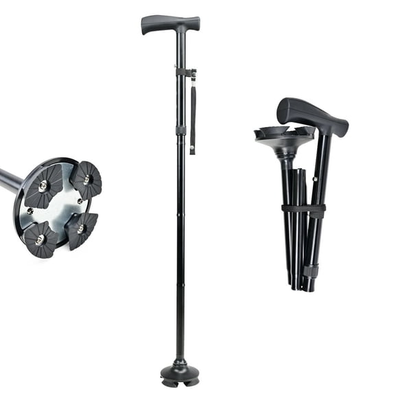 OUSITAID Walking Cane Adult Collapsible Cane for Walking Self Standing Adjustable Folding Cane with T Handle & Pivot Base Lightweight for Seniors-Black