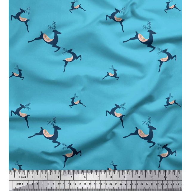 Soimoi Blue Rayon Fabric Reindeer Animal Decor Fabric Printed Yard 56 Inch Wide