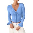 thumbnail image 1 of Plebaso Women's Spring Summer Tops Crop Bell Long Sleeve Ribbed Shirts V Neck Drawstring Casual Knit Tee, 1 of 6