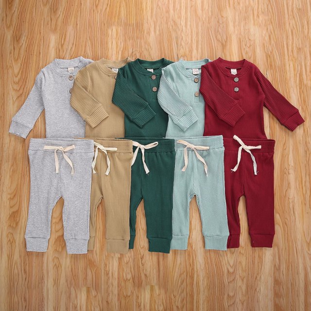 Tenues Tricotées pour Bébé, Boutons Col Rond Manches Longues Body + Pantalon Long Élastique