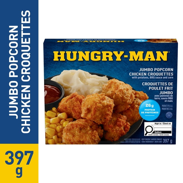 Hungry-Man Frozen Jumbo Popcorn Chicken Croquettes Frozen Dinner, With Potatoes, BBQ Sauce and Corn, 26g of Protein, Frozen Meal, 397g