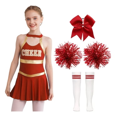 Miaeowve Kids Girls 4 Pcs Cheer Leader Costume Halloween Outfits Dance Dress Sport Game Cheerleading Uniform with Pom Poms A Red 10