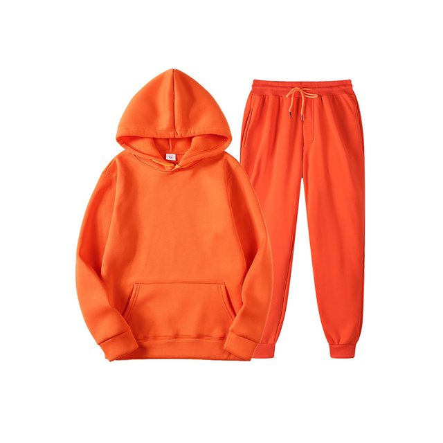 Innerwin Sweatshirts+Pant Outfits Two Pieces Men Tracksuit Set Sports 2 Pcs Fleece Jogger Sets in orange, size M. Features a hooded sweatshirt with kangaroo pocket and drawstring sweatpants with beam foot cuffs. Made of 95% polyester and 5% spandex for comfort and stretch. Ideal for casual wear, sports, lounging, or as a solid color fleece tracksuit during spring, autumn, and winter.