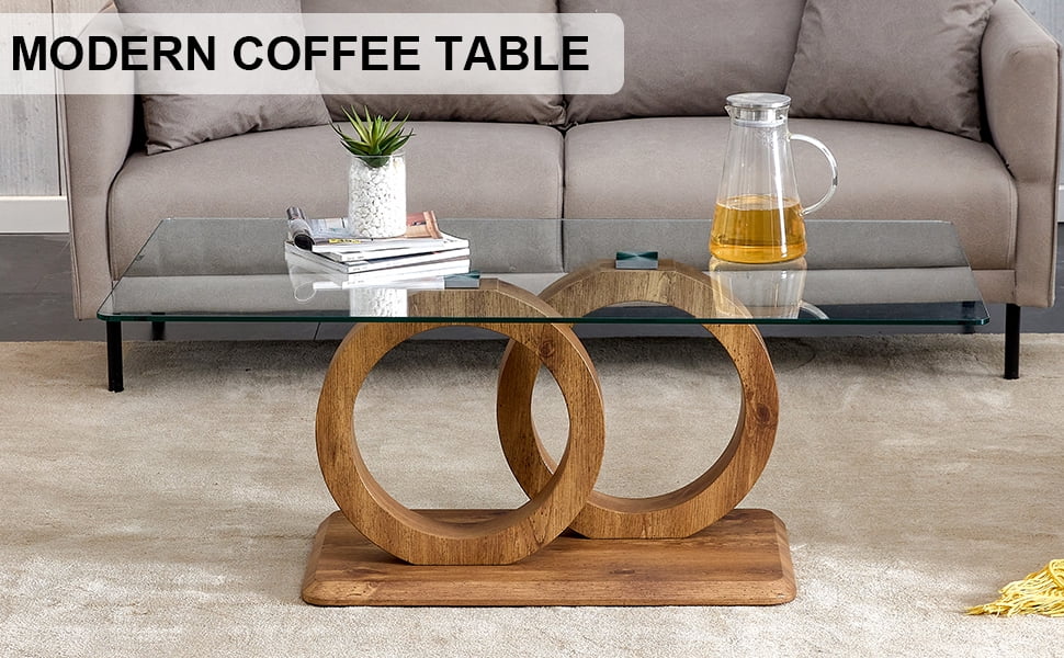 Table basse Noble House en forme de O à double anneau entrelacé, piètement en MDF grain de bois, naturel