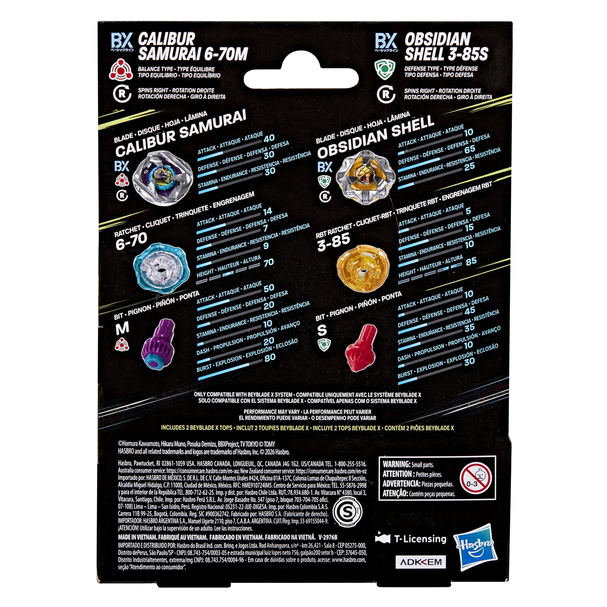Beyblade X Calibur Samurai 6-70M BX & Obsidian Shell 3-85S BX Dual Pack Set