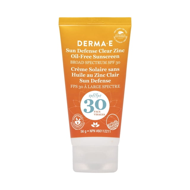 Sun Defense Mineral Oil-Free Sunscreen SPF30 Face by DERMA E, a 56g orange and white tube with broad spectrum SPF 30 protection using non-nano clear zinc oxide, offering anti-aging antioxidant defense with Green Tea and Vitamin C, reef-safe and hypoallergenic formula for facial sun care.