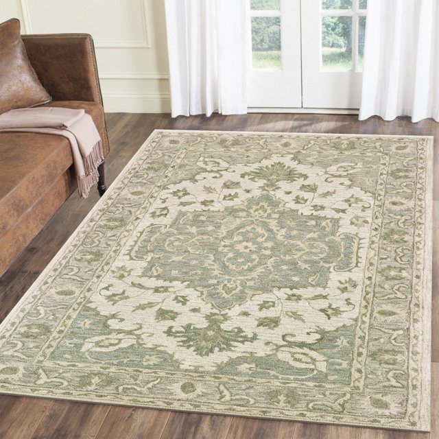 homeroots home decor 395920 5’ x 8’ Green and Cream Medallion Area Rug