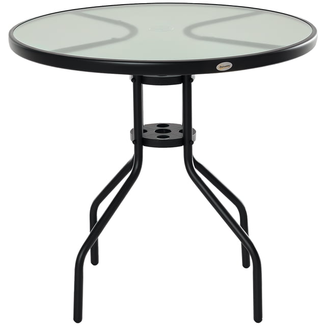 Outsunny Table Bistro Ronde de 31,5 Po Table Basse de Salle à Manger Extérieure avec Dessus en Verre Trempé, Résistante aux Intempéries, Noir. Cette Table Ronde Extérieure Présente un Cadre en Acier Enduit de Poudre durable et un Dessus en Verre Trempé avec un design à Vagues d'Eau pour la Sécurité. Elle Comprend un Trou central pour Parasol Convient aux Poteaux Mesurant Ф1,7-1,5 Po et Est Soutenue par Quatre Pieds Robustes pour la Stabilité. Idéale pour les patios, les Jardins Ou les Aires de Repas Extérieures.