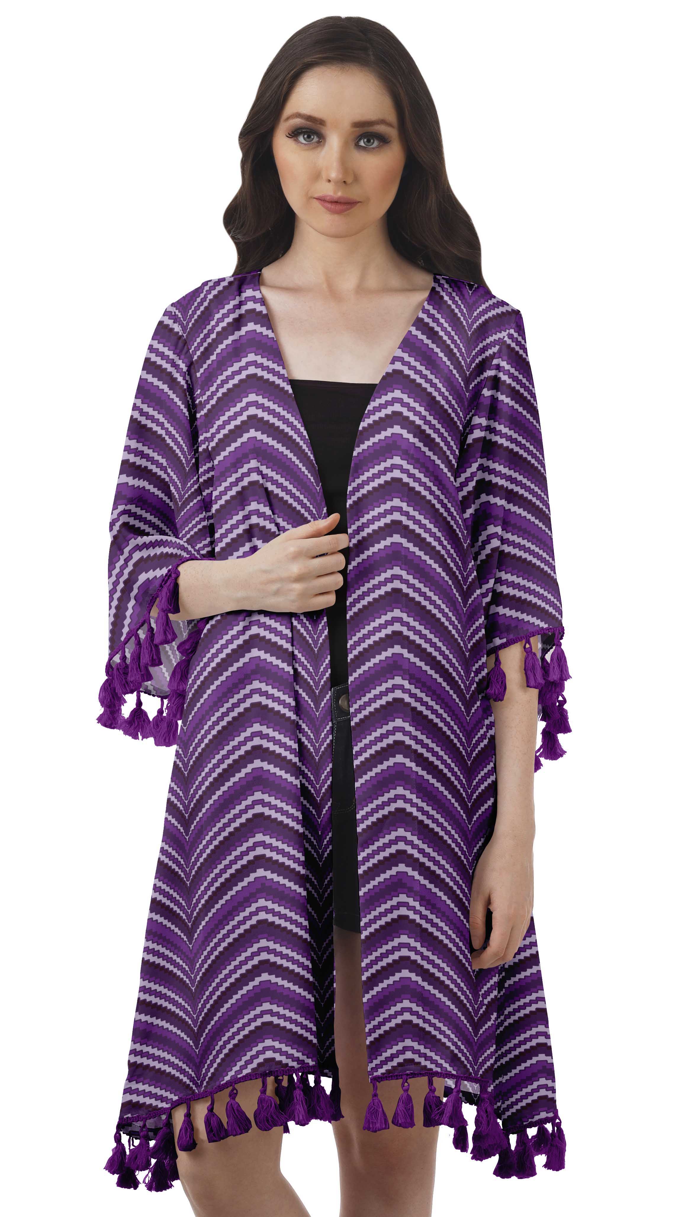 Moomaya Womens Cover Ups For Swimwear Georgette Printed 3/4 Sleeve Fringes Shrug
