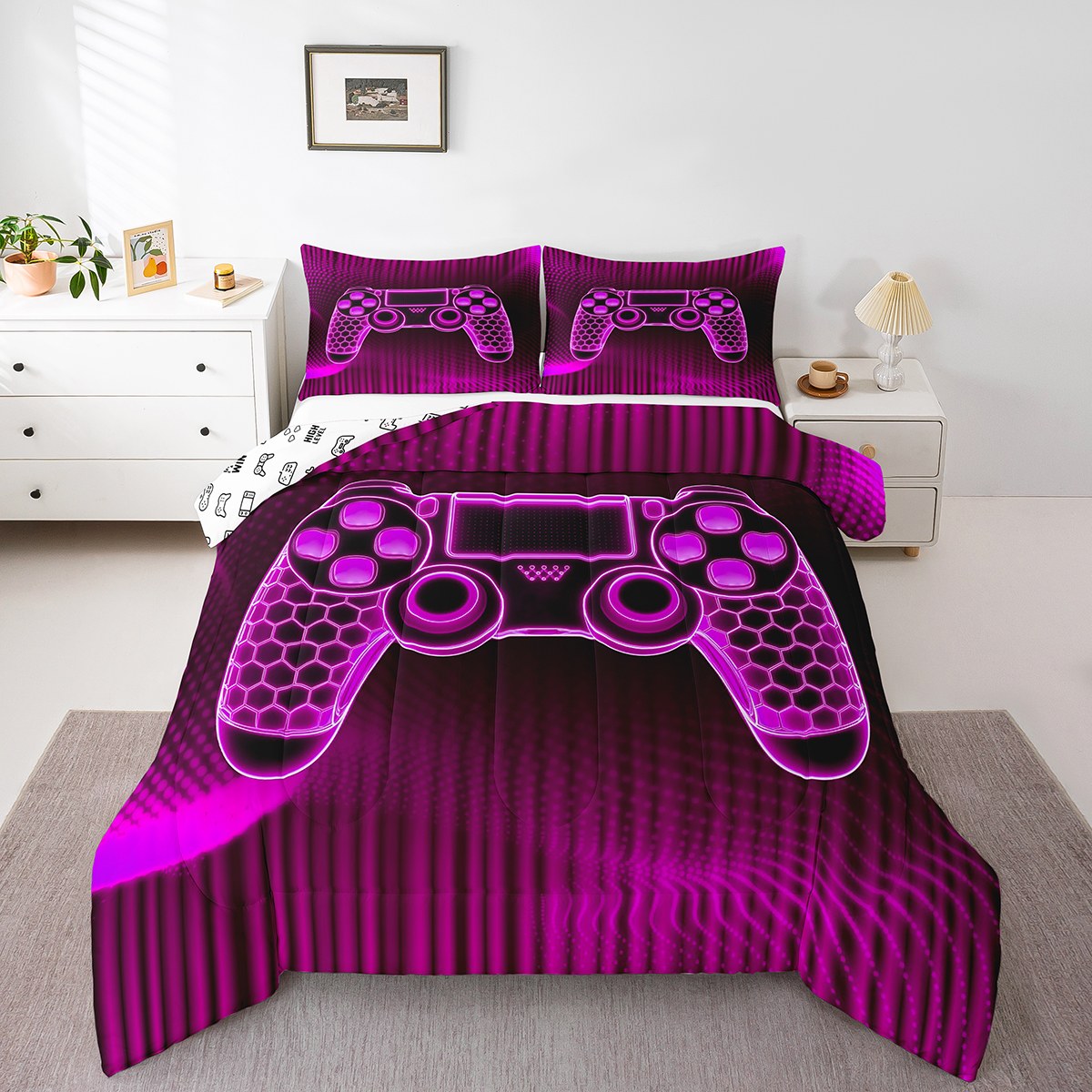Erosebridal Gamer Bedding Queen Comforter Set for Boys, Neon Gamepad Down Comforter, Abstract Theme Decor, Reversible 3pcs