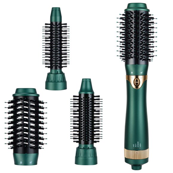 Sinperne Brosse Sèche-Cheveux, 3 en 1 Sèche-Cheveux Interchangeable & Volumateur, Brosse Coiffante à Ions Négatifs en Céramique avec 3 Têtes de Brosse (Vert)