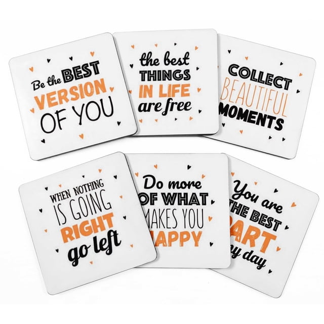 Inkdotpot Set of 6 Drink Coasters DecorativeNon,SlipCork Base4-inch Square PrintedCoastersEasy Clean- Quotes