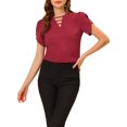 thumbnail image 1 of INSPIRE CHIC Blouse à Col Ras du Cou en V Découpé à Fente pour Femme, Décontractée, Poignets Froncés, Haut S Bourgogne, 1 of 6