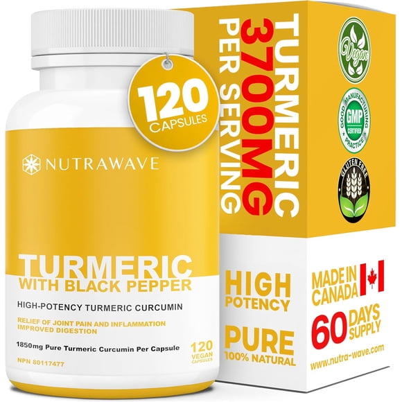 Nutrawave Curcuma Curcumine 3700 mg avec Poivre Noir – Soutien Articulaire et Digestif, 95 % de Curcuminoïdes, 120 Capsules Véganes, non-OGM, Sans Gluten, Fabriqué au Canada
