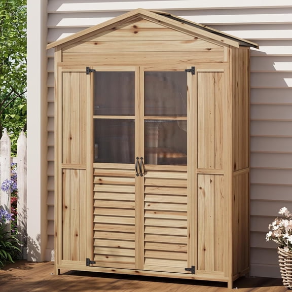 GloryStar Remise de Rangement pour Patio, Armoire Extérieure en Bois avec 6 Tablettes Ajustables, Toit en Asphalte Résistant aux Intempéries et Sécurité Anti-Basculement pour Équipement de Jardin