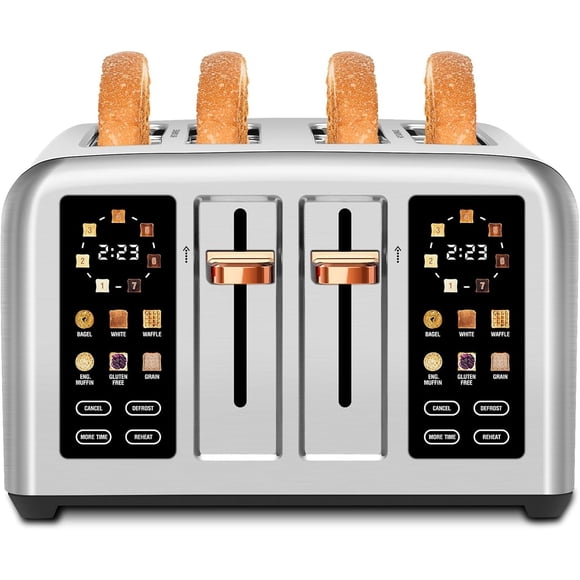 SEEDEEM Toaster 4 Slice, Stainless Steel, Touch Screen for Dual Control, Digital Timer, Smart Toaster with 6 Bread Type, 7 Shade Setting, 1.5''Wide Slot, Removable Crumb Tray, 1800W