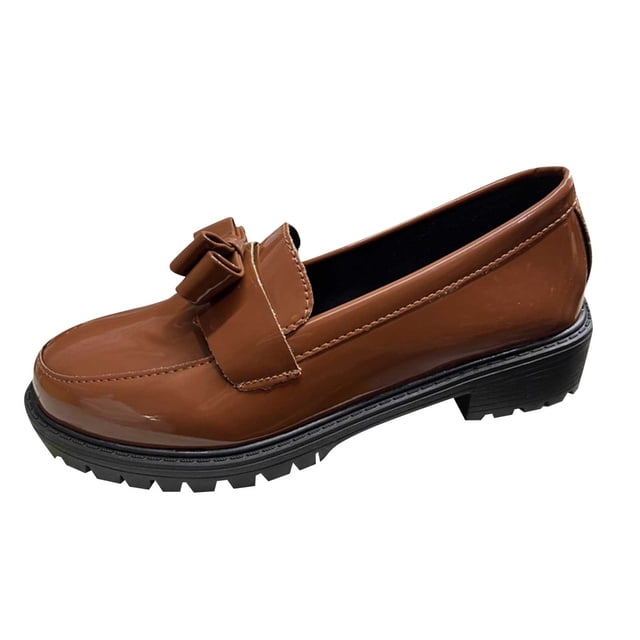 LOVZFMLL Chaussures pour Femmes Tendance Classiques en Cuir Verni Confort Décontractées à Bout Rond Fermé Slip On Mocassins Habillés à Nœud Brun 9.5