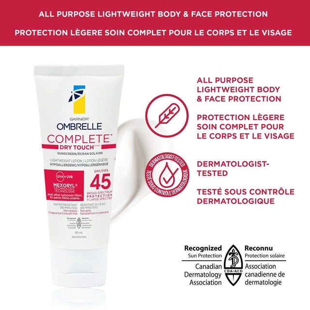 Ombrelle Dry Touch SPF 45 Face & Body Sunscreen 90ml tube with white matte finish and Garnier logo, featuring red SPF 45 label and a dollop of hypoallergenic, non-greasy lotion; provides broad spectrum UVA and UVB protection, dermatologist-tested, water-resistant, and ideal for sensitive skin.