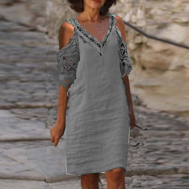 EGNMCR Robes de Fête pour Femmes Robe d'Été pour Femmes Nouvelle Couleur Décontractée à Manches Courtes en Dentelle à Col en V