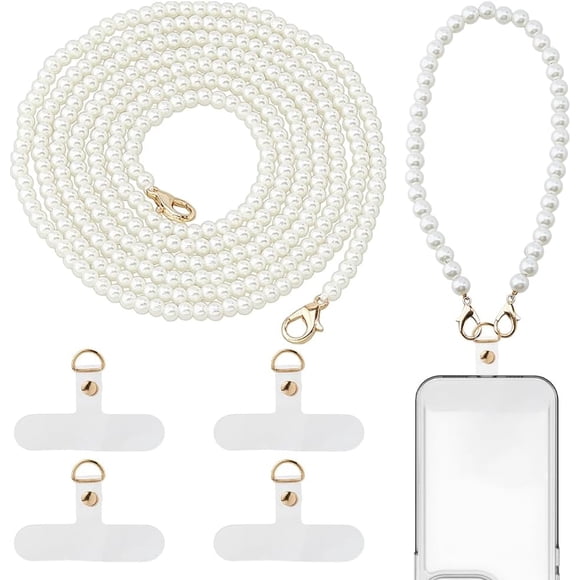 2Pcs Pearl Beaded Cell Phone Lanyard Universal Phone Lanyard Crossbody Phones Strap Bead Wrist Strap with 4Pcs Cellphone Tether Patches for Women Phones Case Bag Purse