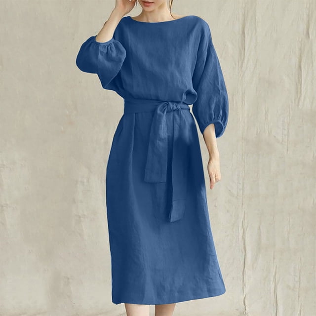 Robes d'Été Grande Taille pour Femmes 2024 Col Rond Ample Manches Courtes Uni Mi-Mollet Robe Longue Économisez jusqu'à 65 % de Rabais!