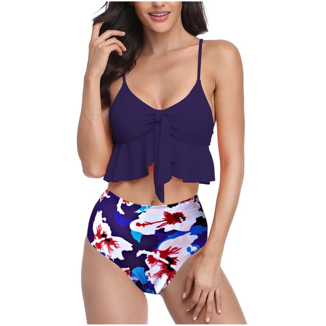 RKSTN Tankini Set for Women Swimsuits Ruffled High Waisted Tummy Control Knot Adjustable Straps Backless Bathing Suits
