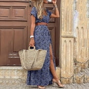 Mefallenssiah Women'S Casual Loose Printed Short Sleeve V-Neck Belt Dress