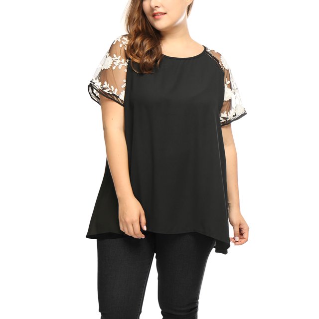 GRACE & GRANDEUR Chemisier Tunique pour Femme Grande Taille Transparent à Manches Raglan en Maille Crochetée à Panneaux