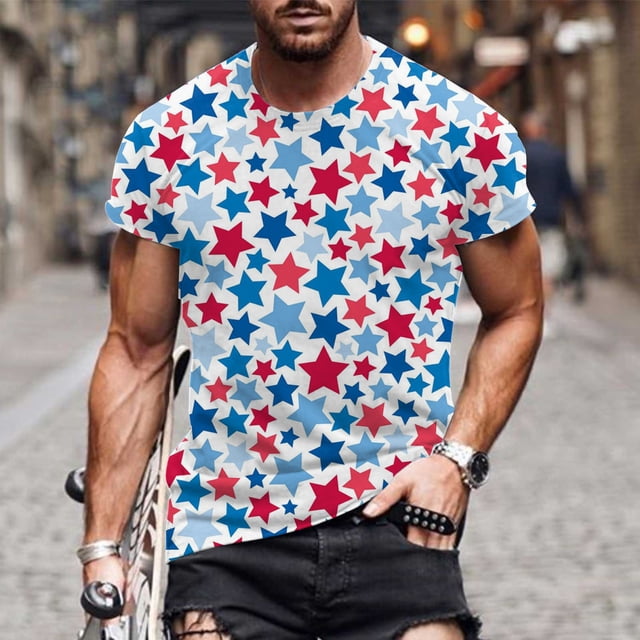LSLJS Men's Patriotic Shirts Independence Day Stripes Print T-Shirts Round Neck Short Sleeve Shirts