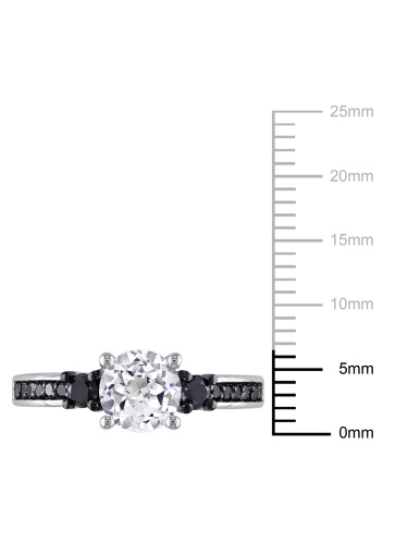 Bague de fiançailles Asteria avec 1.38 carat de saphir blanc synthétique et 0.33 carat de diamants noirs en argent sterling
