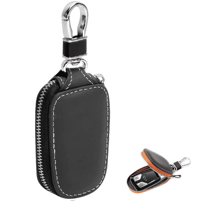 Universal Key Fob Cover Case made of durable cowhide leather in black, featuring a compact design with white stitching, zipper closure, and a sturdy metal hook for easy attachment to belt loops. Includes an extra chain for additional keys, protects keyless entry remotes from wear, and prevents accidental button presses.