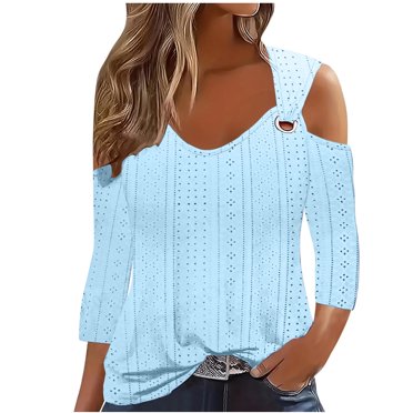 GigrtiJin Eyelet Cold Shoulder Shirts for Women Summer Trendy 3/4 Sleeve Tunic Tops Plus Size Solid Color V Neck Blouses