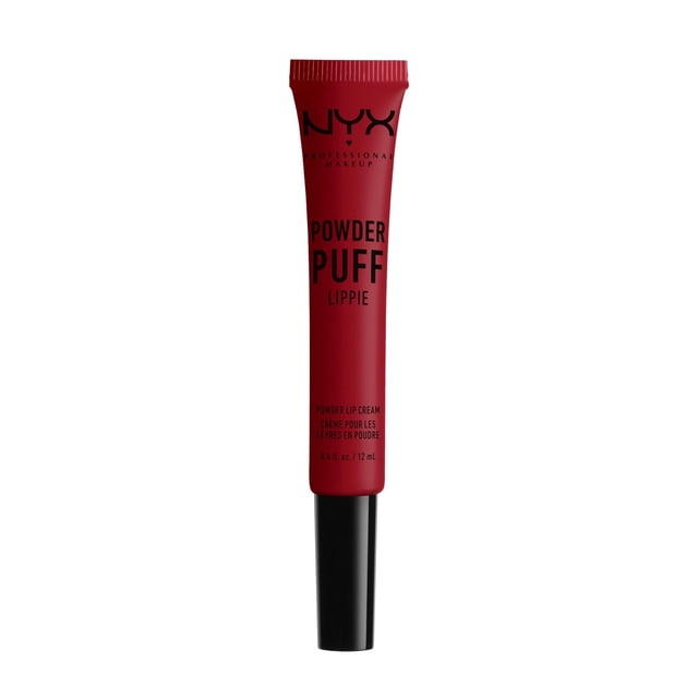 NYX Professional Makeup Powder Puff Lippie Lip Cream in a red matte squeeze tube with black cap, featuring black text, delivering a lightweight cream lipstick that sets to a powdery matte finish for soft, long-lasting lip color in the beauty makeup lip category.
