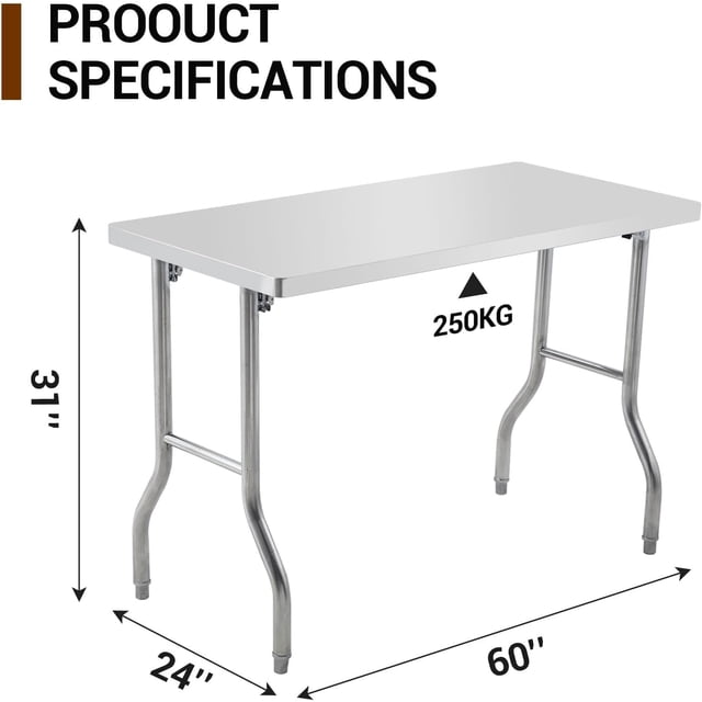 Kojooin Poste de Travail Commercial en Acier Inoxydable, Table Pliante avec Pied en Métal Ajustable