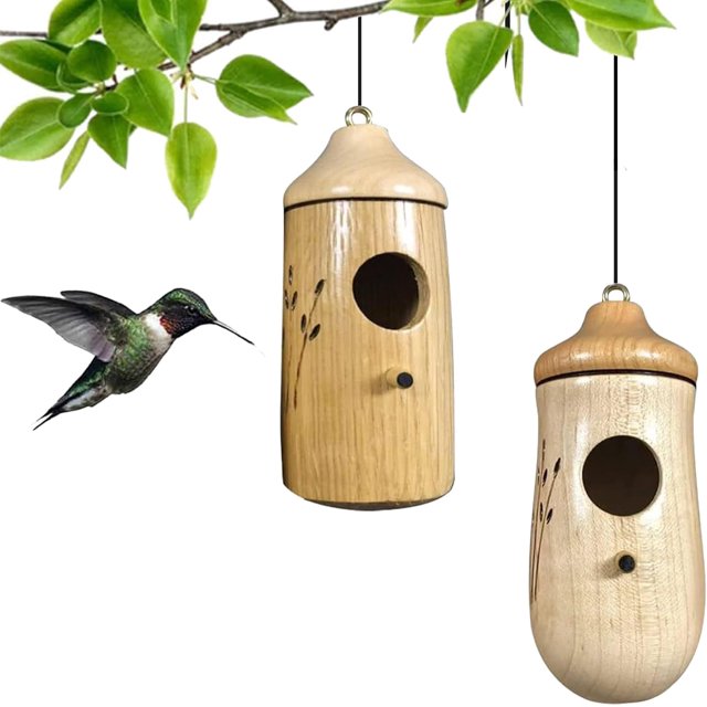 Ribili Wooden Hummingbird House, Fanyil Wooden Hummingbird House, Sparrow Hummingbird Finch House, Wooden Humming Bird Nest with Hemp Ropes (#Mix-A,2pcs)