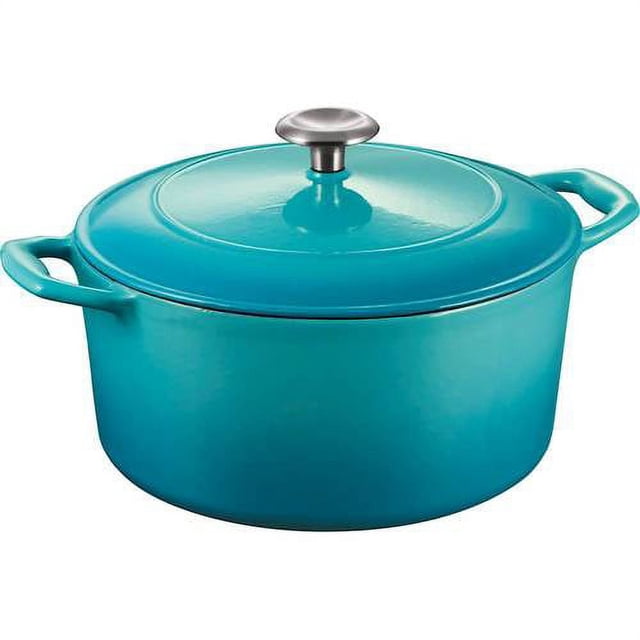 Tramontina Bestow Marmite Dutch Oven en Fonte Émaillée de 5,5 Pintes avec Couvercle, Bleu Moyen. Dotée d'Une Finition durable en Porcelaine Émaillée, d'Un Bouton en Acier Inoxydable Coulé et de Baleines de condensation Autonettoyantes sur le Couvercle. Convient pour une Cuisson Lente, le Braisage et la Cuisson au Four. Compatible avec les Cuisinières au Gaz, Électriques et en Céramique et en Verre. Compatible au Four jusqu'à 450 °F (232 °C).