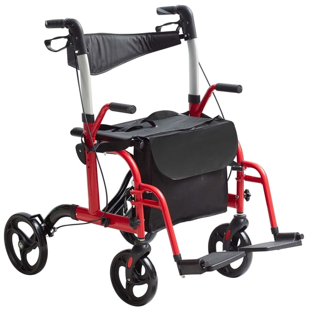 VEVOR Fauteuil Roulant 2 en 1 Walker et Fauteuil de Transport pour Aînés en Rouge, une Aide à la Mobilité Légère en Aluminium d'Une Capacité de 300 Lb. Ce Fauteuil Roulant Pliant Walker et Fauteuil Roulant Combinés Comporte des Poignées Ajustables, des Roues avant de 8 Pouces, des Roues Arrière de 10 Pouces et un Système de Freinage à Main Sécuritaire. Il Comprend un Siège Spacieux avec des Sangles Robustes, des Repose-Pieds et un Sac de Rangement pour Plus de Commodité.