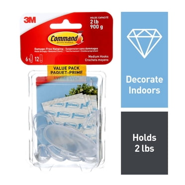 Crochets transparents Command, taille moyenne, supportent 0,9 kg (2 lb), 6 crochets, 12 languettes adhésives, lot économique