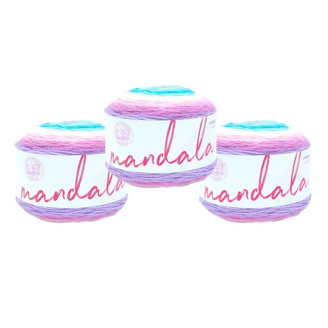 Lion Brand Yarn Mandala Multicolor Light DK Acrylic 3 Pack Yarn with three skeins showing gradient colors of turquoise, pink, lavender, and white, each wrapped in white labels with red 'mandala' text, ideal for lightweight crochet and knitting projects such as scarves and shawls.