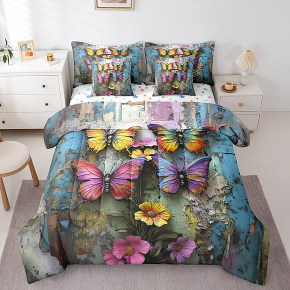 Butterfly 7 Piece Comforter Set Full Bed in a Bag,Watercolor Beetles Sheet Set with Comforter Dreamy Butterflies Bedding Sets,Rustic Animal Bed Set Aesthetic Bugs Pattern Room Decor