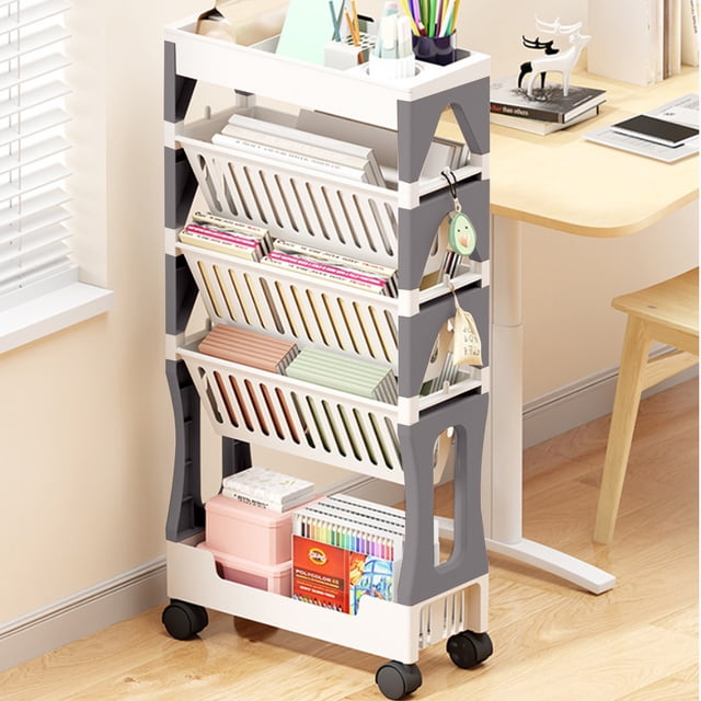 AHMT 5 Tier Movable Bookshelf Bookcase Removable Book Rack Plastic Rolling Storage Organizer Shelf Mobile Bookshelf with Wheels for Office Living Room Home Kitchen School(Gray)